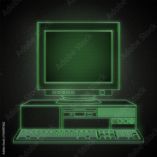 Contour of Retro Computer in Deep Space. Retro 80s Futuristic Design
