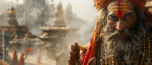 An elderly Sadhu in vivid orange robes holding prayer beads stands devoutly against a backdrop of ancient temples shrouded in mist photo