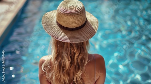 Back of a young woman with long blonde hair wearing a straw hat on her vacation at a beautiful