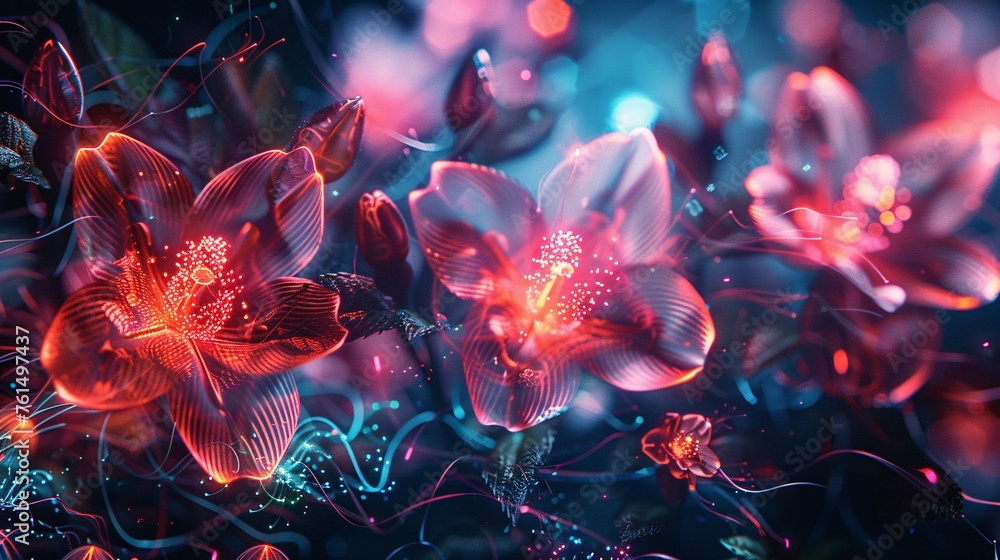 Craft a cyberpunk-inspired image with flowers composed of speakers and sound waves, neon accents, against a black background, blending old tech and vacuum tubes - obrazy, fototapety, plakaty 