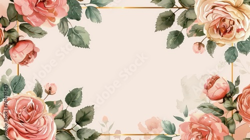 Wedding invitation with a blank center, adorned with a bouquet of roses, complemented by doodles and a soft pastel pink and gold color palette