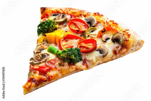 A delicious slice of pizza topped with fresh broccoli, peppers, and mushrooms. Perfect for food and restaurant concepts