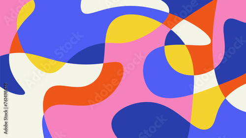 Abstract colorful background with simple hand drawn liquid shapes composition. Fun childish doodle backdrop. Minimalist horizontal cover design in bright trendy colors.
