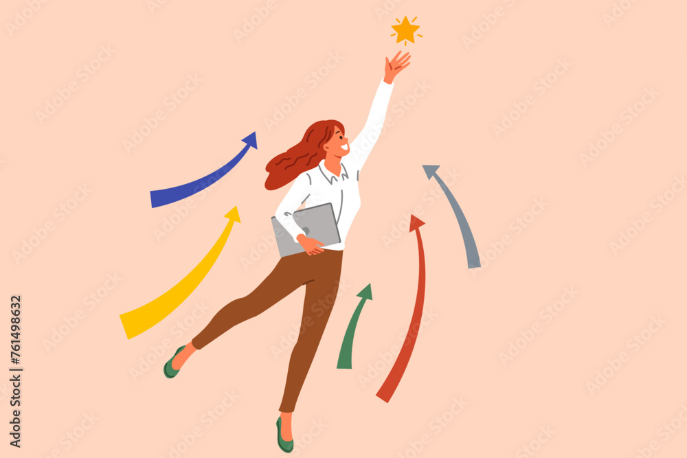 Ambitious woman strives for business progress, grabbing star from sky and reaching new level in career. Successful girl makes progress in job thanks to hard work and lack of laziness.