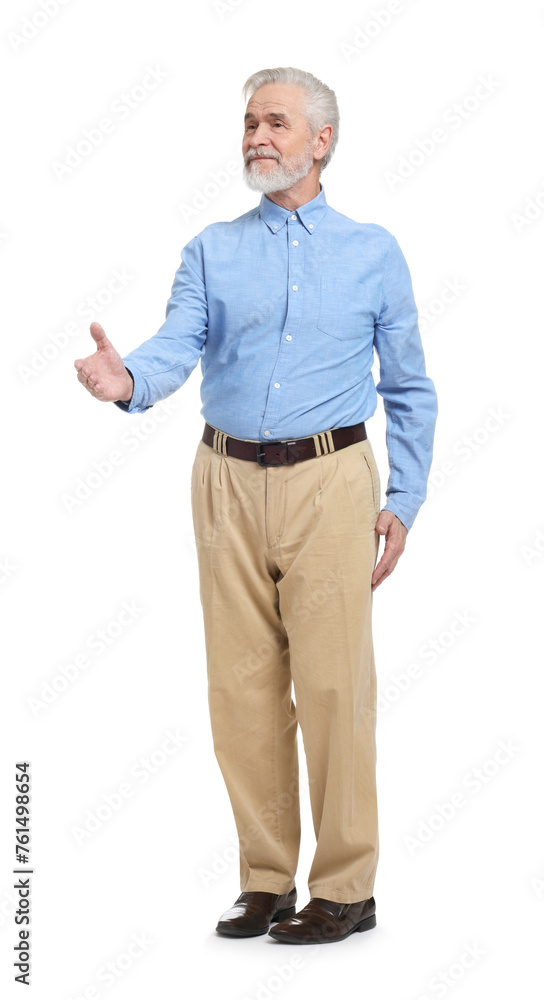 Senior man greeting someone on white background