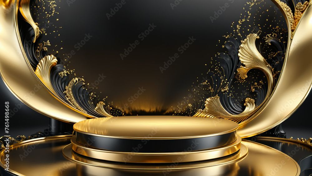 Opulent Black and Gold Podium: 3D Golden Product Line Stage with Wave Display, Luxurious Design Showcase for Events, Beauty Presentations, and Cosmetic Sales, Product Disyplay Platform, Presentation
