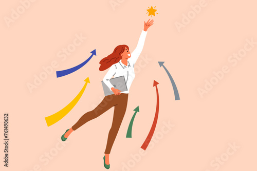 Ambitious woman strives for business progress, grabbing star from sky and reaching new level in career. Successful girl makes progress in job thanks to hard work and lack of laziness.