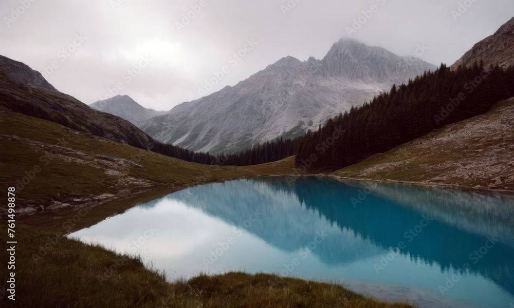 Obraz premium A mountain range with a lake in the valley. The lake is blue and the sky is cloudy
