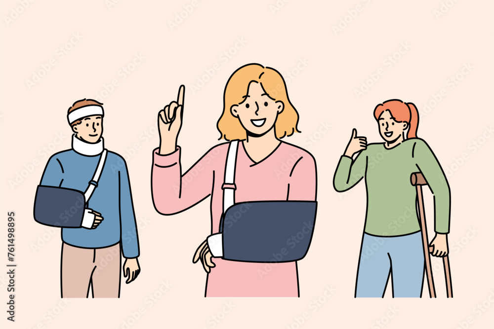 Injured people received treatment at clinic show approving gestures confirming quality of healthcare. Patients of traumatologist are satisfied with amount of medical insurance and healthcare system Injured people received treatment at clinic show approving gestures confirming quality of healthcare. Patients of traumatologist are satisfied with amount of medical insurance and healthcare system