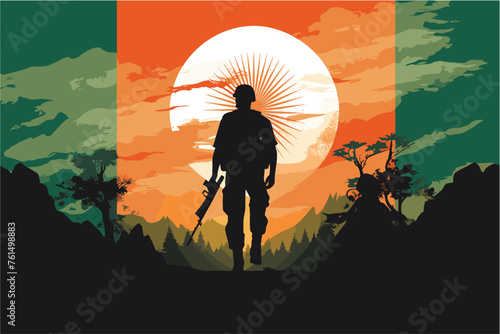 Silhouette of saluting soldiers with Bangladesh flag, Sunset background, National holidays