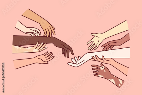 Hands diverse people with different skin colors, for concept importance of tolerance fighting discrimination based on race. Hands tolerant multiracial men and women wanting to find tolerant friends