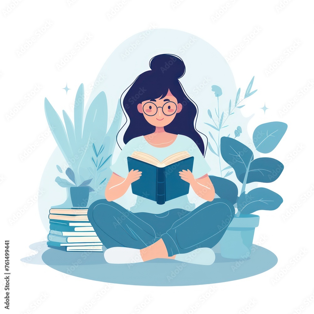 Flat vector illustration of a woman reading a book, cute blue color, gentle but vibrant
Flat vector illustration of a woman reading a book, cute blue color, gentle but vibrant