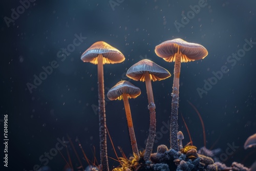 four high stem mushrooms isolated on black background 