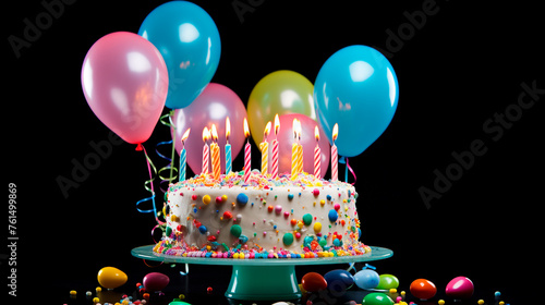 cake with birthday candles. cake and balloons