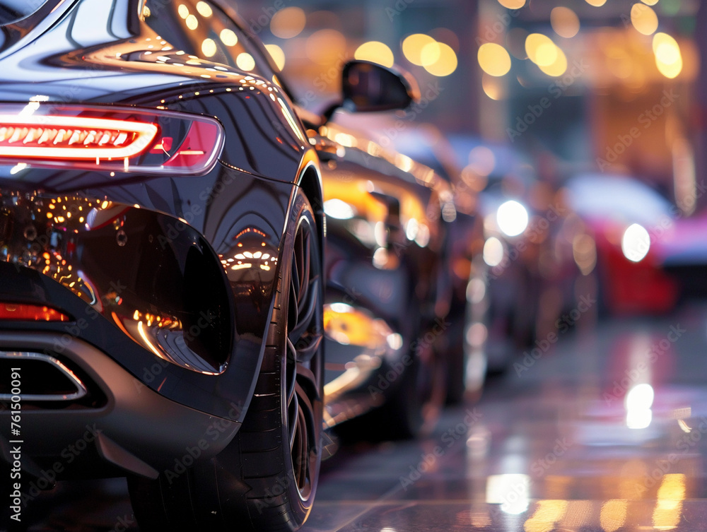 New cars display in luxury showroom with light bokeh in motor show event. 