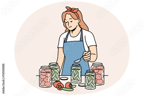 Woman in apron canning vegetables in bottles in kitchen. Housewife conserve veggies at home. Household and nutrition. Vector illustration.