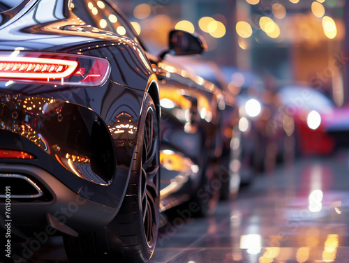 New cars display in luxury showroom with light bokeh in motor show event. 