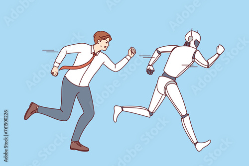 Man office clerk attacks AI robot, out of fear of digitalization and robotization causing mass layoffs. Superiority of robot with artificial intelligence over manager who fails due to AI technology