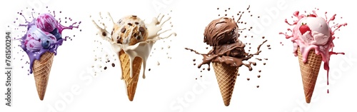 Set of Ice cream scoop on waffle cone flying splash explosion with sprinkles cream topping frosting on transparent background cutout, PNG file. Many assorted different. Mockup template for artwork photo