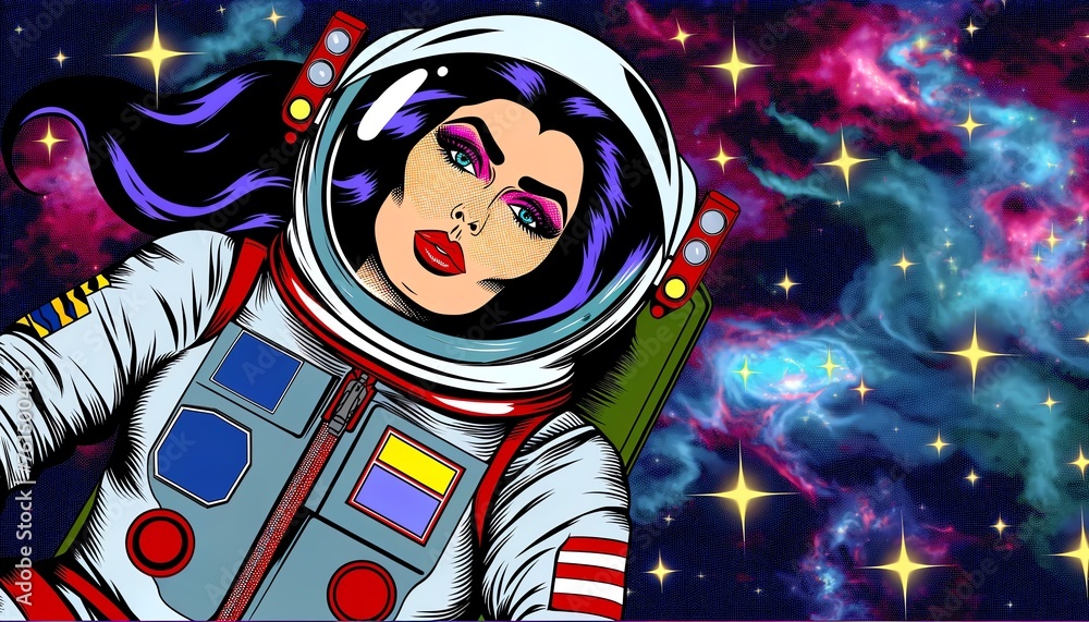 Illustration of a Beautiful Woman in an Astronaut Suit in the Ocean in Pop Art style