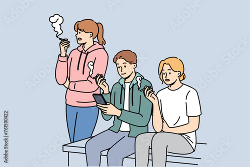 Tobacco addiction in people sitting on street and smoking cigarettes during break from work. Concept of problem of passive smoking in society, caused by cigarette addiction in part of population