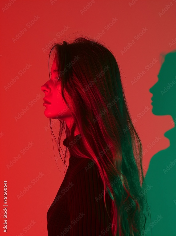 Beautiful Girl with long hairs, young Woman in color lights. Art design, colorful girl with radiance body. studio shot