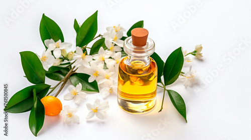 bottle of perfume with fresh jasmine flowers