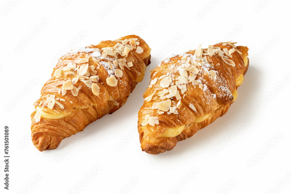 Vanilla Cream Croissants with Almond Flakes on White Vanilla Cream Croissants with Almond Flakes on White