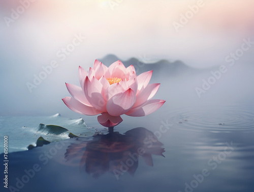 pink lotus flower floating in cold water in front of fog 