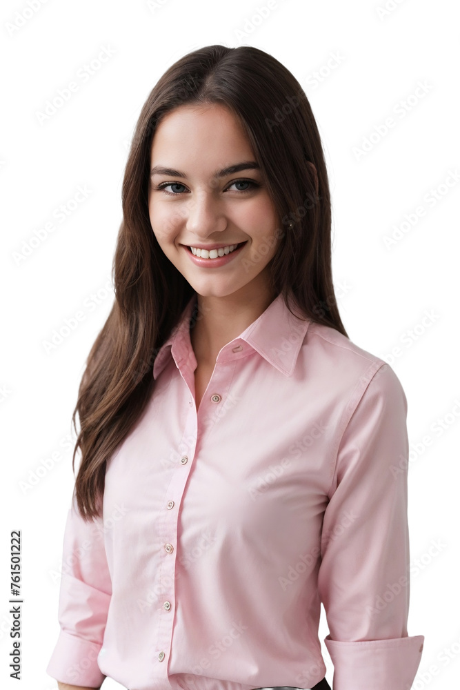 Stylish young woman wearing a pink office shirt, smiling and looking at the camera. isolated, transparent background, no background. PNG. Stylish young woman wearing a pink office shirt, smiling and looking at the camera. isolated, transparent background, no background. PNG.