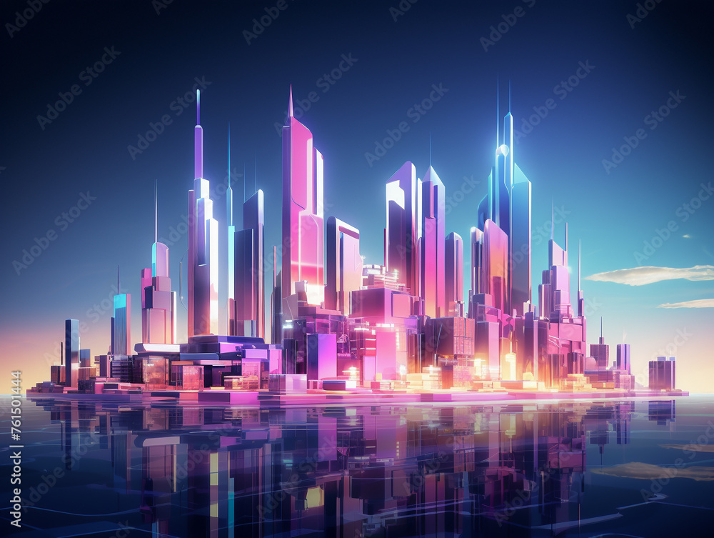 A city skyline is reflected in the water. The city is a mix of tall buildings and a small island. The sky is blue and the water is calm