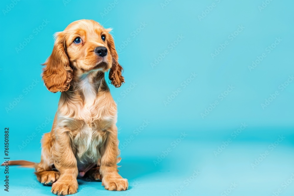 A small dog sitting on a blue surface, suitable for pet-related content