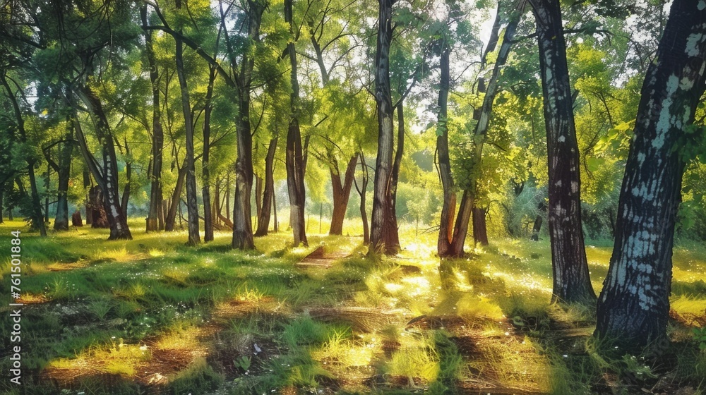 Naklejka premium Sun rays filtering through dense forest, perfect for nature themes