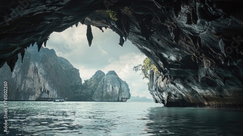 A mysterious cave with a solitary boat inside. Suitable for travel or adventure concepts