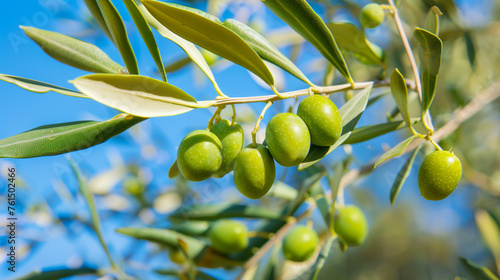Ripe green olives dappled with morning dew and sunbeams filtering through leaves.