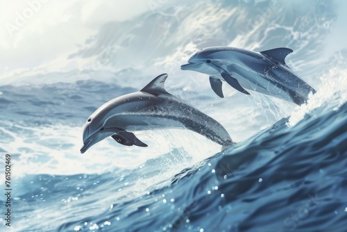Two dolphins leaping out of the water, ideal for marine life concepts © Fotograf