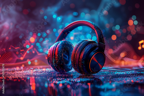 a pair of headphones against a backdrop of vibrant digital sound waves and musical notes, symbolizing the melody and harmony in music. photo
