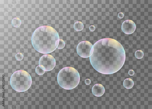Composition of soap bubbles in pastel rainbow colors. Vector illustration of bubbles on a transparent background.