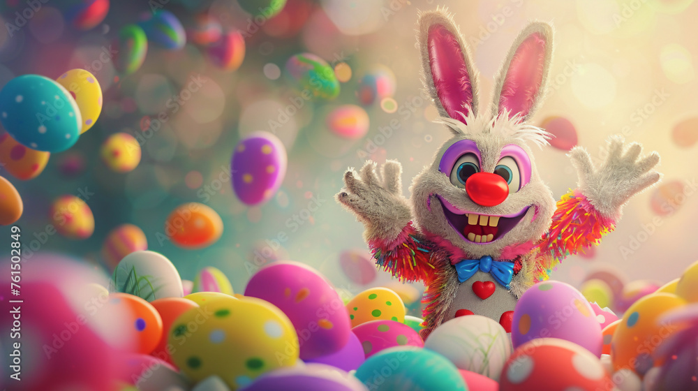 An imaginative 3D render of a cartoon rabbit and clown celebrating Easter with a bounty of brightly colored eggs. An imaginative 3D render of a cartoon rabbit and clown celebrating Easter with a bounty of brightly colored eggs.