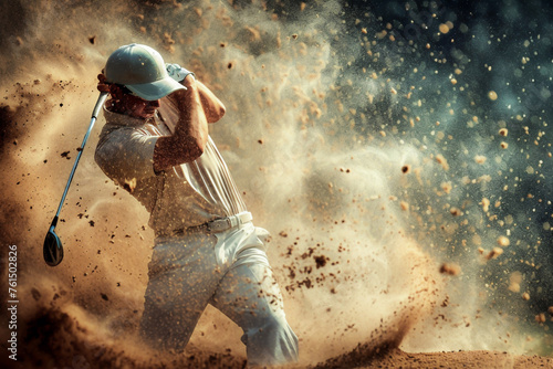 Action shot of a golfer executing a challenging bunker shot sand flying.