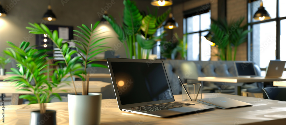 Fototapeta premium modern co working space design with laptops on table with houseplant