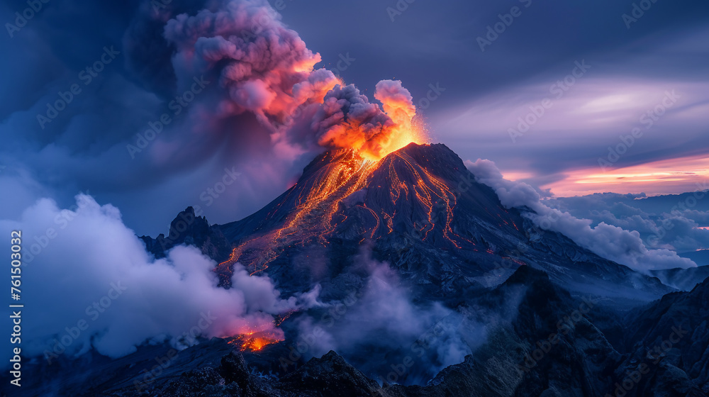 The dramatic moment of a volcanic eruption with glowing lava and a towering ash plume against a twilight sky.