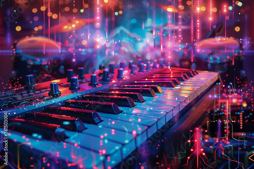 music equipments, including pianos and drums, against a backdrop of colorful melodies represented by digital sound waves.