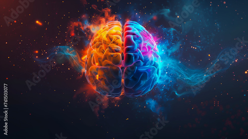 A brain with a red and blue color on space background. left and right brain. photo