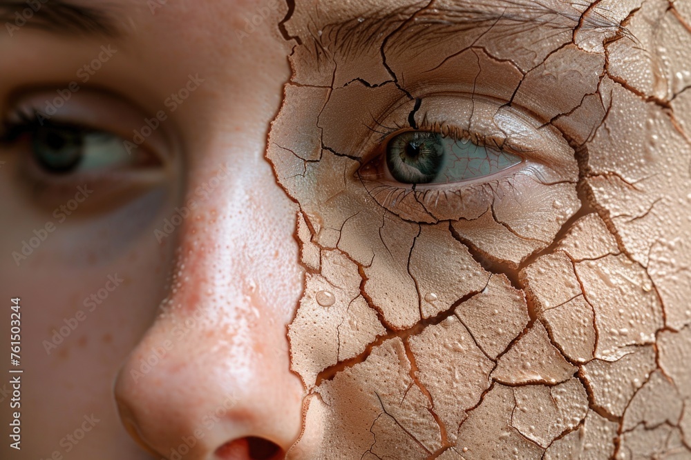 Close-up of a woman's face with cracked skin. Suitable for skincare and dermatology concepts