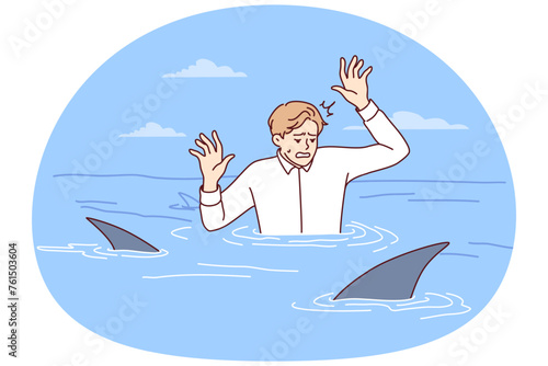 Frightened man in business shirt is in water with sharks and raises hands out of panic. Guy in office clothes with predatory fish symbolizes unfriendly environment in company team. Flat vector design