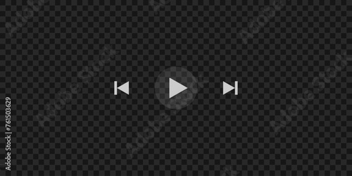 Play, fast forward and rewind buttons on dark transparent background. Video player template. Empty movie screen. Push, click or record icon on multimedia window interface. Vector illustration.