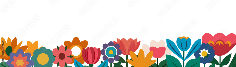 Horizontal banner, border with gorgeous abstract multicolored blooming flowers in folklore scandinavian style. Spring botanical flat vector illustration isolated on transparent background. - obrazy, fototapety, plakaty 