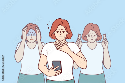 Worried woman reads message on mobile phone about foreclosure on house and feels panic. Different stages of panic of girl, learned about approaching financial crisis from internet news