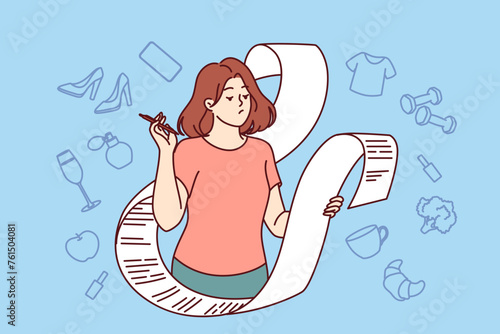 Woman is holding long receipt with expenses and is embarrassed about bills for purchases or services. Girl makes wish list on paper, outlining financial plan for purchases to reduce economic risks.